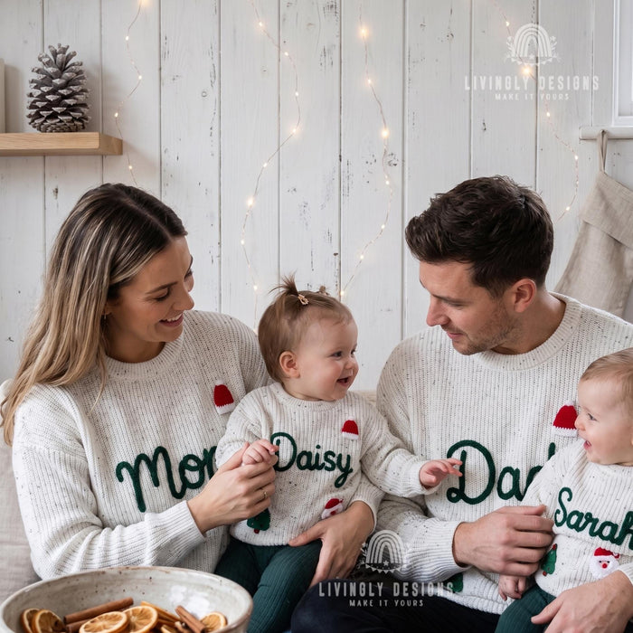 Matching Personalized Family Christmas Knit Sweaters | Custom Embroidered Name Mom Dad & Kids Jumper Set