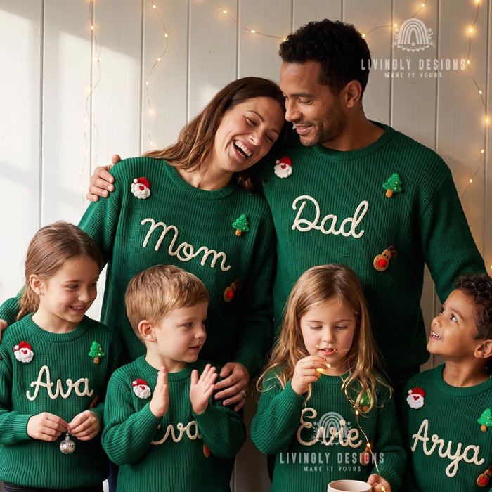 Matching Personalized Family Christmas Knit Sweaters | Custom Embroidered Name Mom Dad & Kids Jumper Set