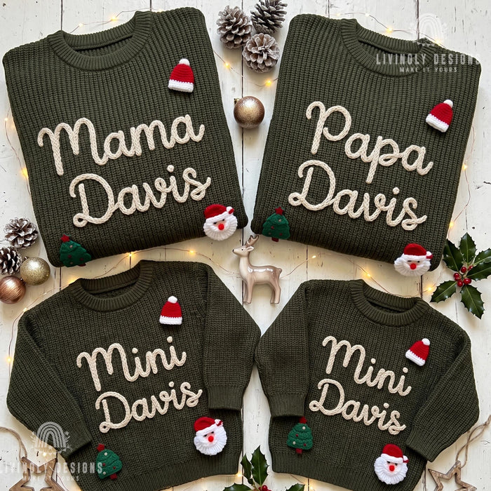 Personalized "Mama, Papa & Mini" Family Christmas Sweaters | Custom Name Embroidered Matching Knit Jumper