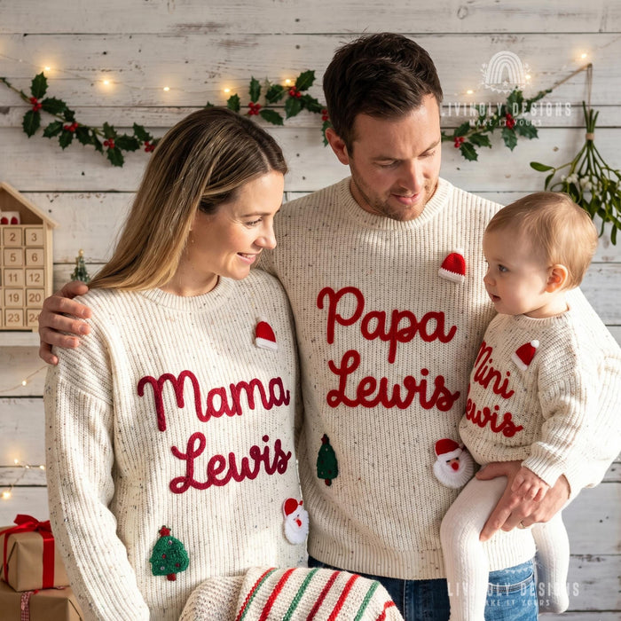 Personalized "Mama, Papa & Mini" Family Christmas Sweaters | Custom Name Embroidered Matching Knit Jumper