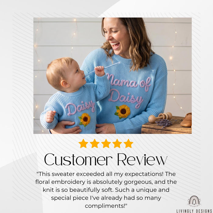 Personalized Name or Mama of, Child Name Matching Sweaters | Custom Embroidered Floral Mom & Baby Knit Jumper