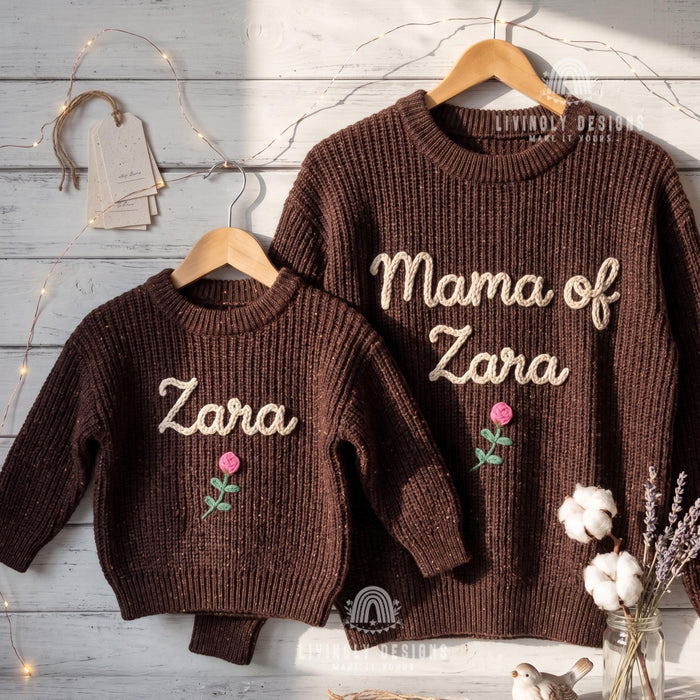 Personalized Name or Mama of, Child Name Matching Sweaters | Custom Embroidered Floral Mom & Baby Knit Jumper