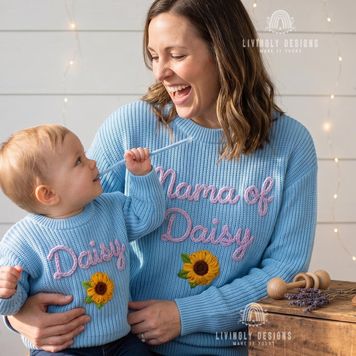 Personalized Name or Mama of, Child Name Matching Sweaters | Custom Embroidered Floral Mom & Baby Knit Jumper