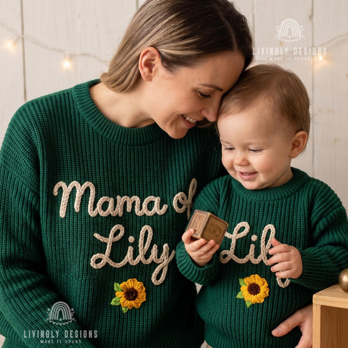 Personalized Name or Mama of, Child Name Matching Sweaters | Custom Embroidered Floral Mom & Baby Knit Jumper