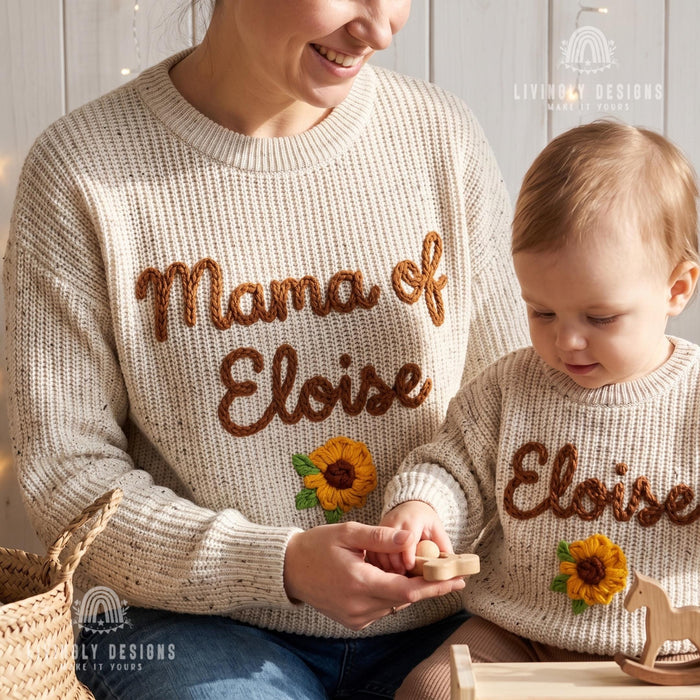 Personalized Name or Mama of, Child Name Matching Sweaters | Custom Embroidered Floral Mom & Baby Knit Jumper
