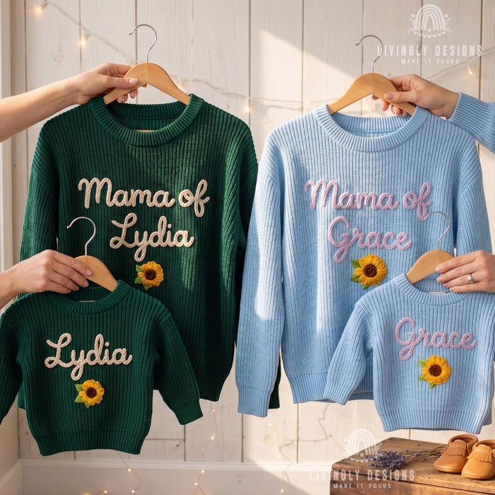 Personalized Name or Mama of, Child Name Matching Sweaters | Custom Embroidered Floral Mom & Baby Knit Jumper