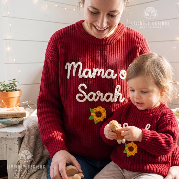 Personalized Name or Mama of, Child Name Matching Sweaters | Custom Embroidered Floral Mom & Baby Knit Jumper