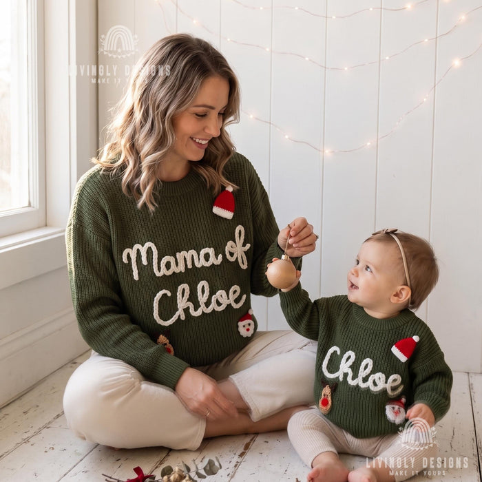 Matching Mama of Baby Name Personalized Christmas Jumpers | Festive Matching Holiday Sweaters
