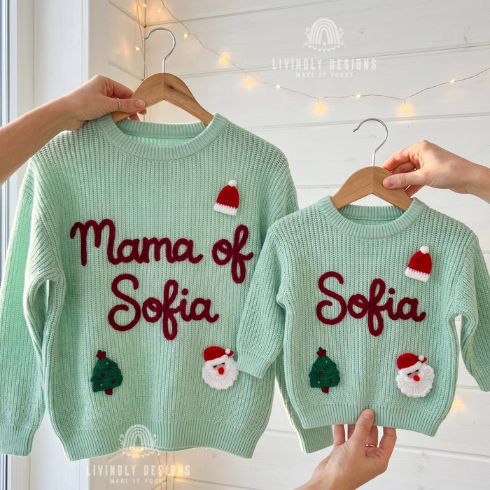 Matching Mama of Baby Name Personalized Christmas Jumpers | Festive Matching Holiday Sweaters