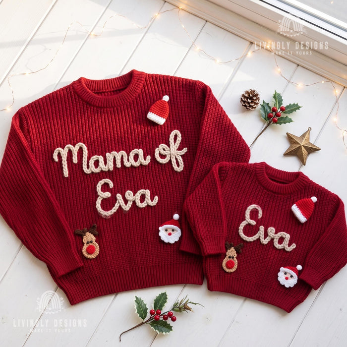 Matching Mama of Baby Name Personalized Christmas Jumpers | Festive Matching Holiday Sweaters