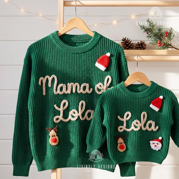 Matching Mama of Baby Name Personalized Christmas Jumpers | Festive Matching Holiday Sweaters