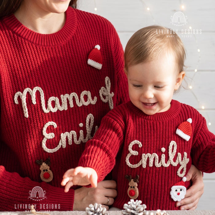Matching Mama of Baby Name Personalized Christmas Jumpers | Festive Matching Holiday Sweaters