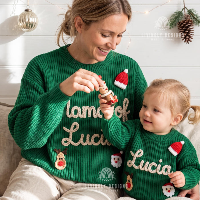 Matching Mama of Baby Name Personalized Christmas Jumpers | Festive Matching Holiday Sweaters