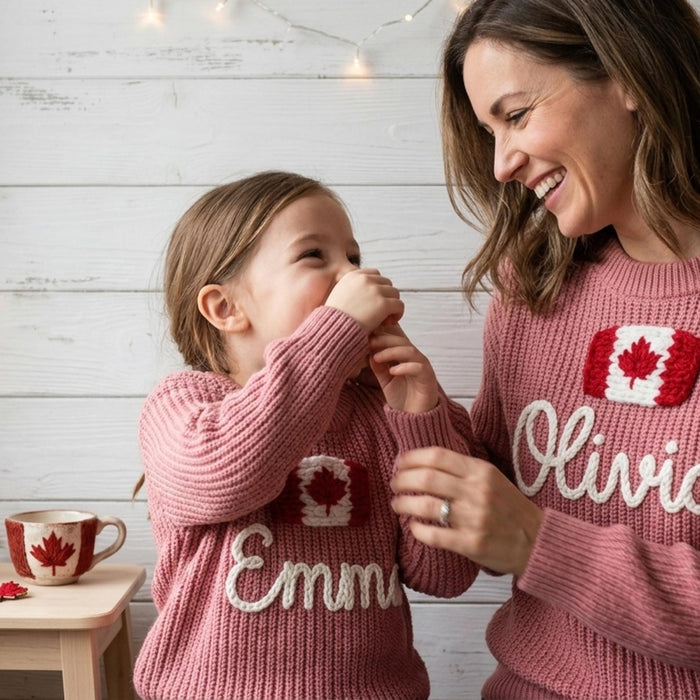 Custom Name Matching Parent Child Canada Flag Sweater Canadian Keepsake