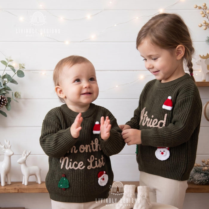 Matching Custom I'm on the Nice List, I Tried Kids Christmas Sweaters | Embroidered Sibling Knit Jumpers
