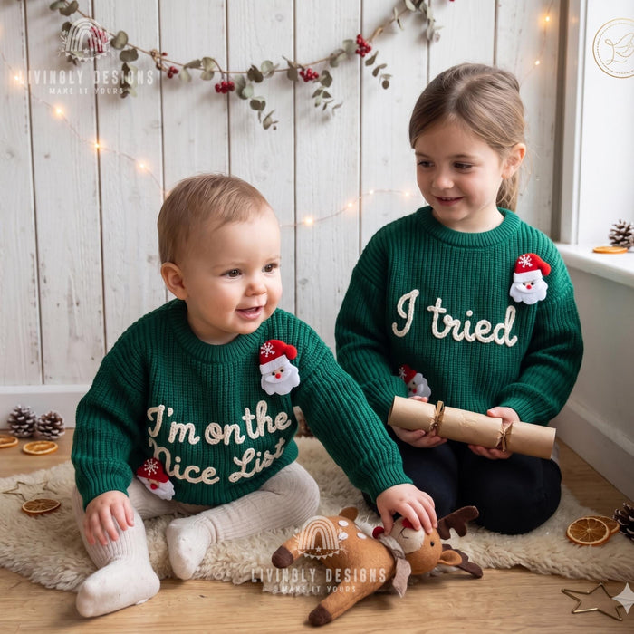 Matching Custom I'm on the Nice List, I Tried Kids Christmas Sweaters | Embroidered Sibling Knit Jumpers