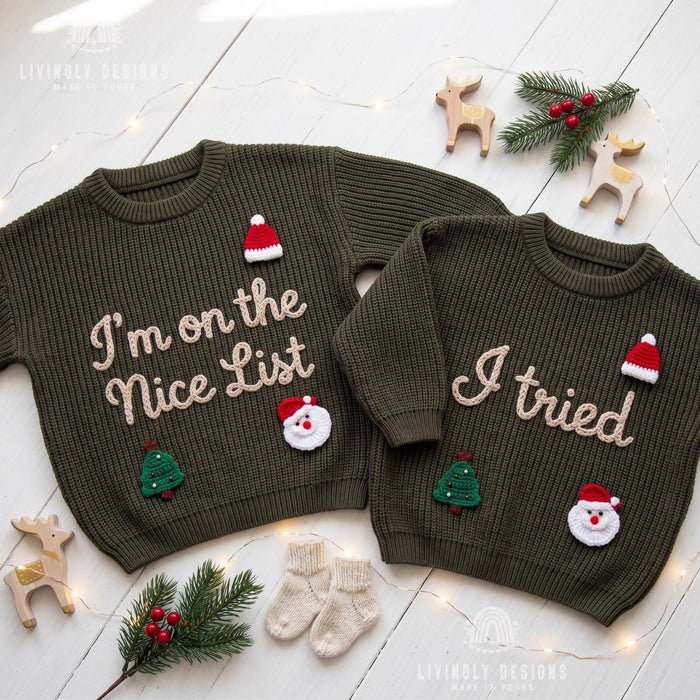 Matching Custom I'm on the Nice List, I Tried Kids Christmas Sweaters | Embroidered Sibling Knit Jumpers