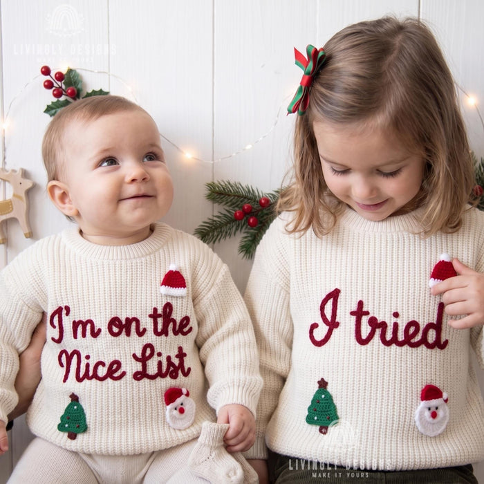 Matching Custom I'm on the Nice List, I Tried Kids Christmas Sweaters | Embroidered Sibling Knit Jumpers