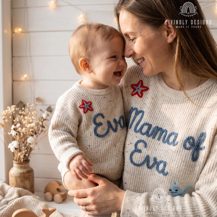 Personalized Embroidered Mama & Baby Matching Sweaters | Custom Name Knit Pullover for Mom and Kids