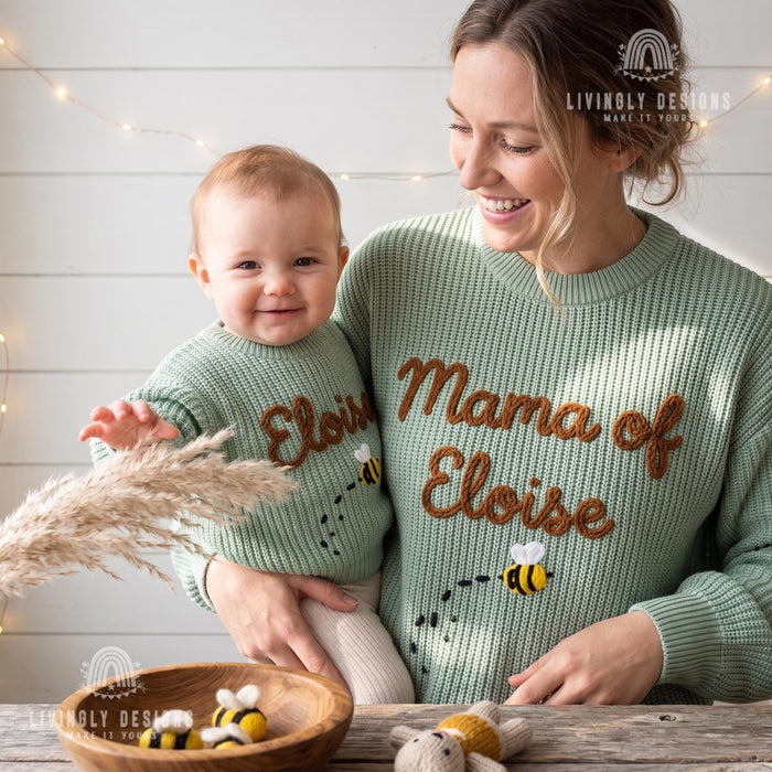 Personalized Embroidered Mama & Baby Matching Sweaters | Custom Name Knit Pullover for Mom and Kids