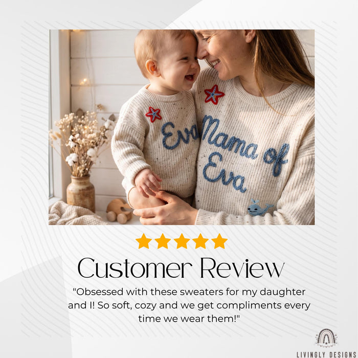 Personalized Embroidered Mama & Baby Matching Sweaters | Custom Name Knit Pullover for Mom and Kids