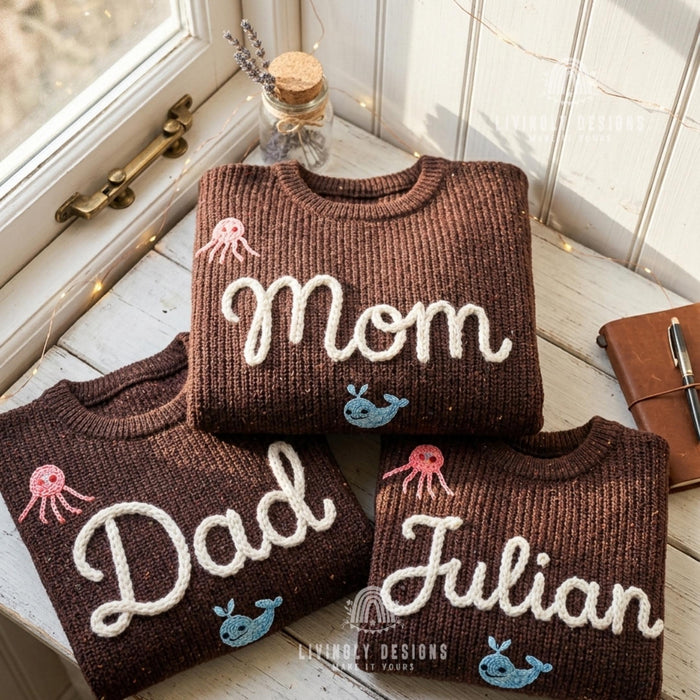 Personalized Embroidered Adornments Matching Sweaters | Custom Family Knit Pullovers