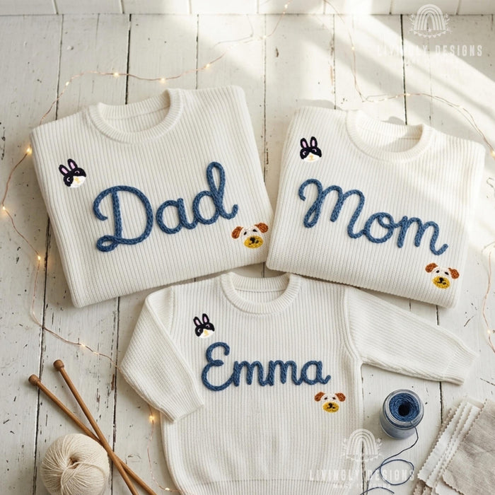Personalized Embroidered Adornments Matching Sweaters | Custom Family Knit Pullovers
