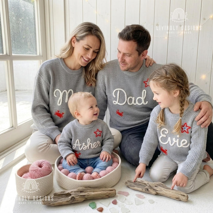 Personalized Embroidered Adornments Matching Sweaters | Custom Family Knit Pullovers