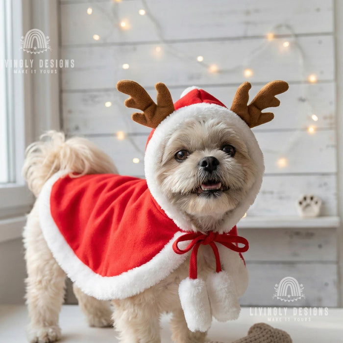 Custom Name Reindeer Pet Cloak, Cozy Christmas Hooded Cape for Dogs and Cats