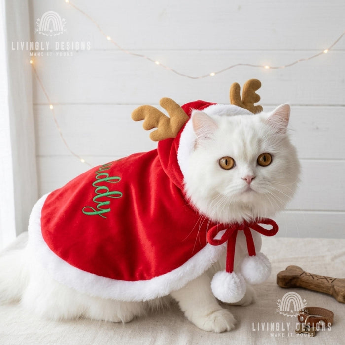 Custom Name Reindeer Pet Cloak, Cozy Christmas Hooded Cape for Dogs and Cats