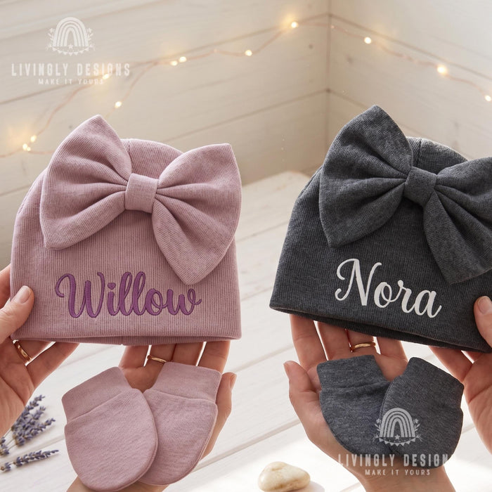 Custom Cute Ribbed Knit Winter Hat and Mittens for Baby & Newborn