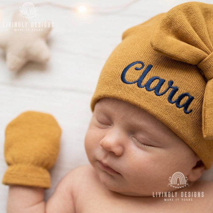 Custom Cute Ribbed Knit Winter Hat and Mittens for Baby & Newborn