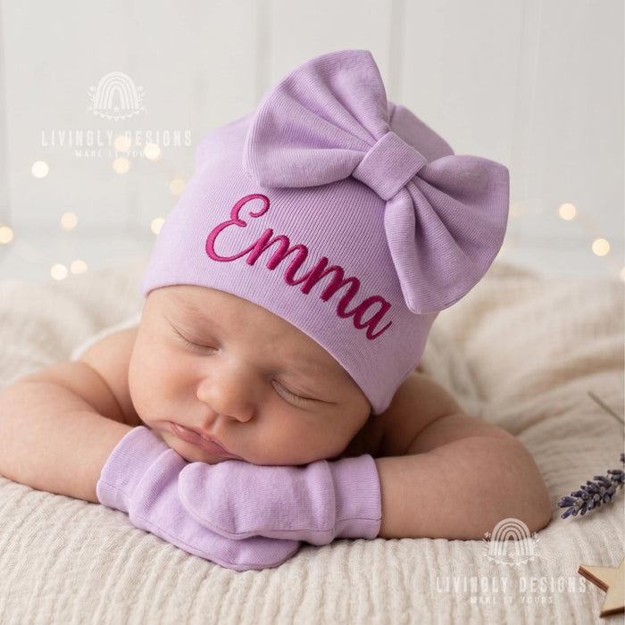 Custom Cute Ribbed Knit Winter Hat and Mittens for Baby & Newborn