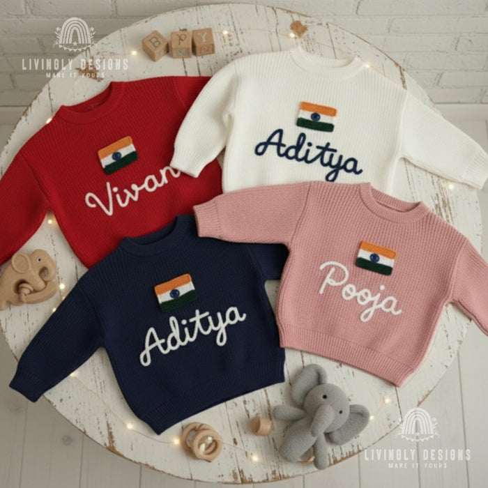 Custom India Flag Name Sweater | Embroidered Indian Tricolor Family Outfit Gift