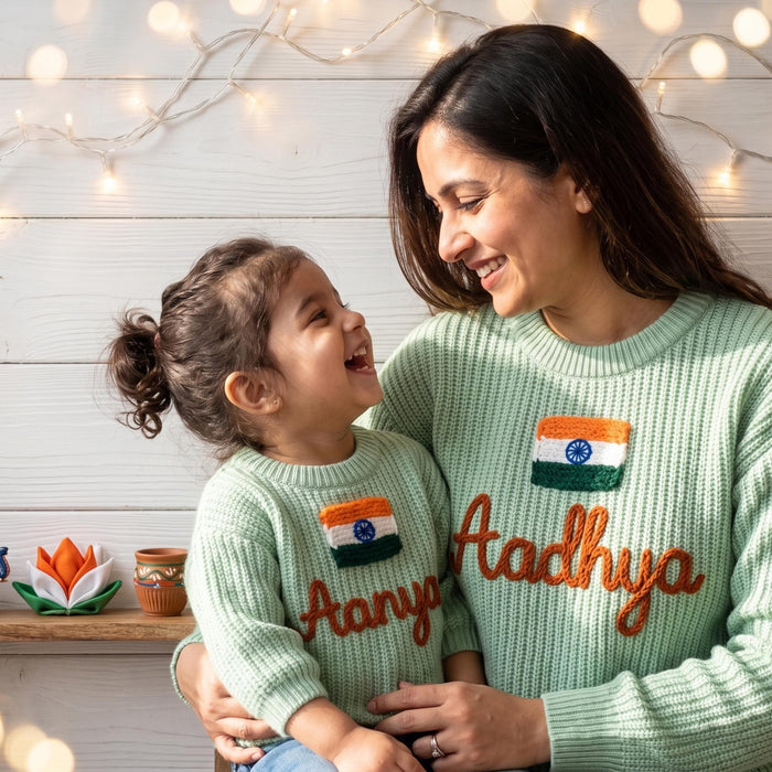 Custom India Flag Name Sweater | Embroidered Indian Tricolor Family Outfit Gift