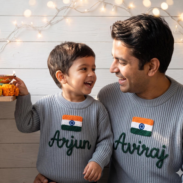 Custom India Flag Name Sweater | Embroidered Indian Tricolor Family Outfit Gift