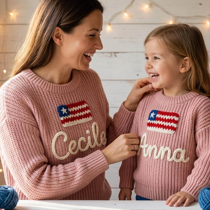 Personalized USA Flag Matching Family Sweaters Parent and Child Matching Outfit Gift