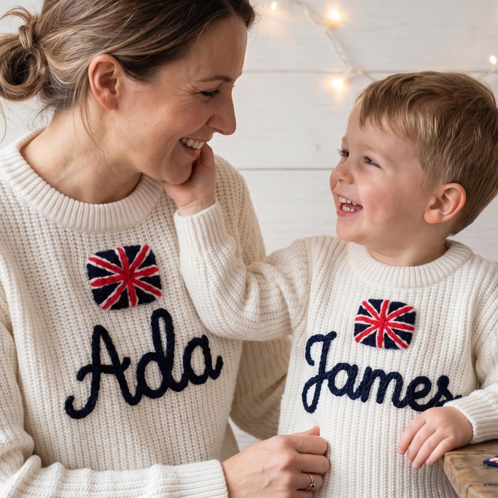 Personalized UK Flag Matching Family Sweaters  Parent and Child Union Jack Matching Outfit Gift