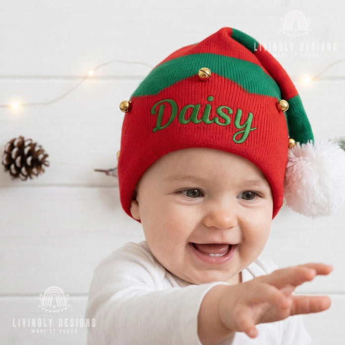 Custom Name Holiday Knit Beanie with Bells – Personalized Children's Festive Christmas Hat