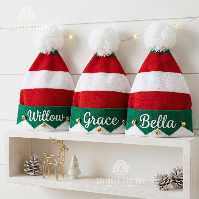 Custom Name Holiday Knit Beanie with Bells – Personalized Children's Festive Christmas Hat