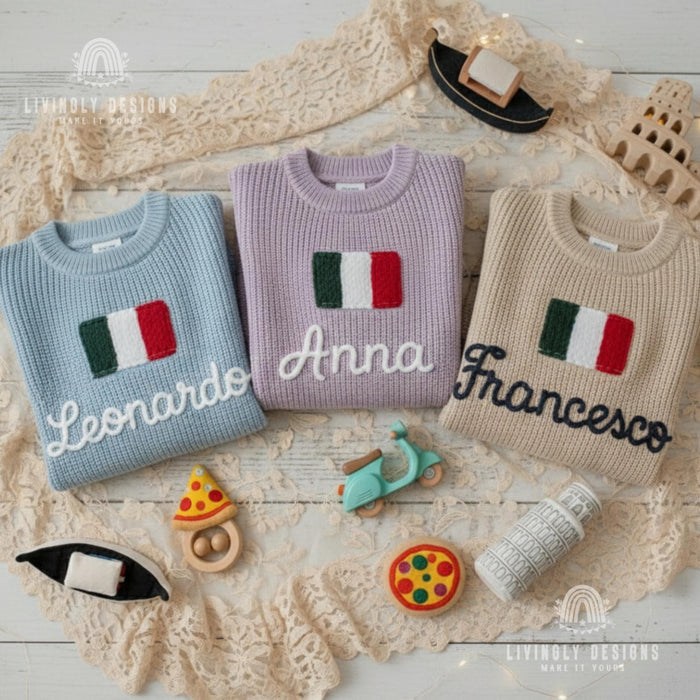 Personalized Embroidered Matching Parent Child Italy Flag Knit Jumper