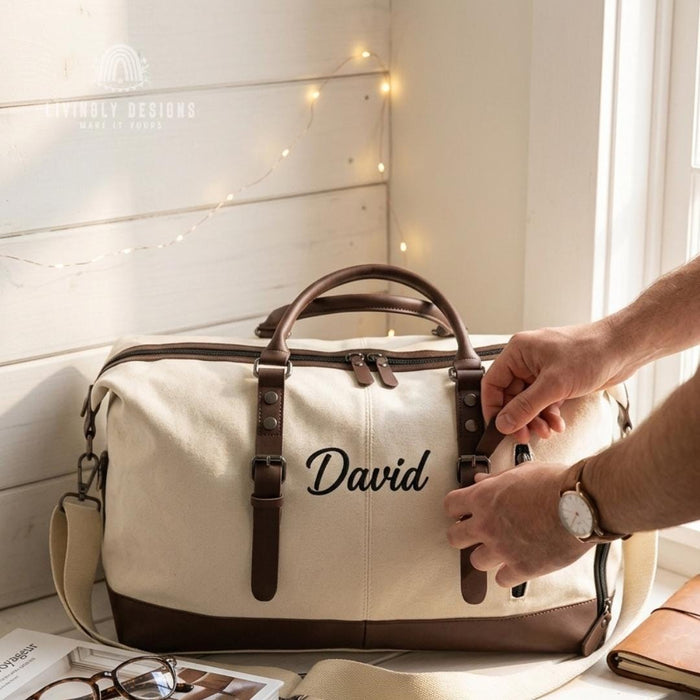 Custom Personalized Men’s Canvas Travel Weekender Bag or Carry-On Storage