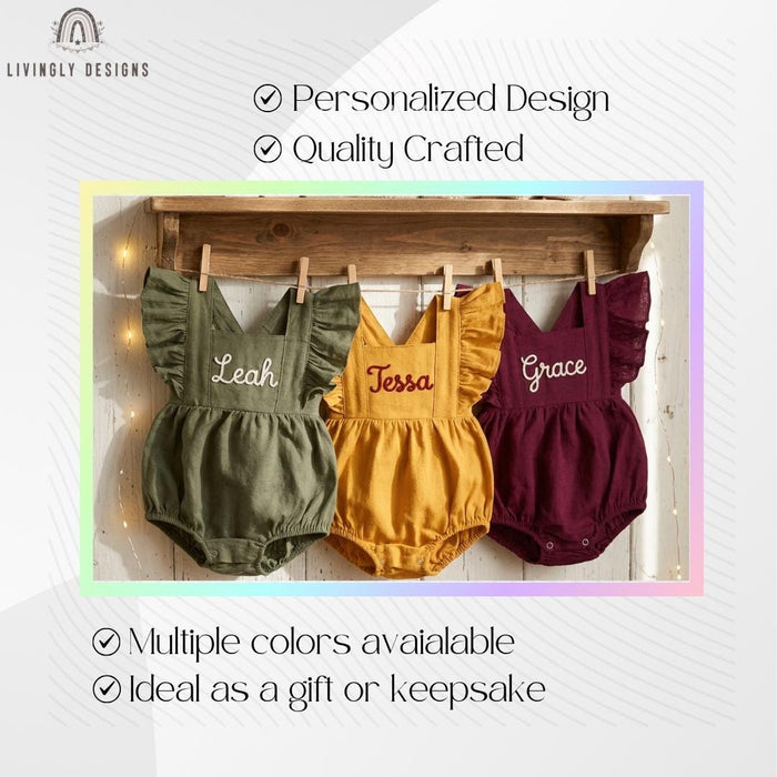 Personalized Embroidered Baby Bodysuit Romper : Cotton Flutter Sleeve Suspender Outfit