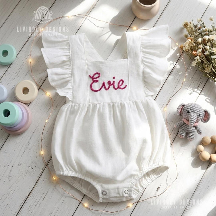Personalized Embroidered Baby Bodysuit Romper : Cotton Flutter Sleeve Suspender Outfit