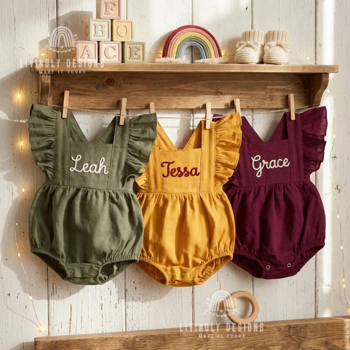 Personalized Embroidered Baby Bodysuit Romper : Cotton Flutter Sleeve Suspender Outfit
