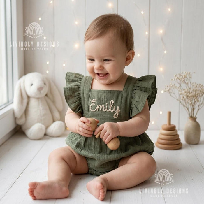 Personalized Embroidered Baby Bodysuit Romper : Cotton Flutter Sleeve Suspender Outfit