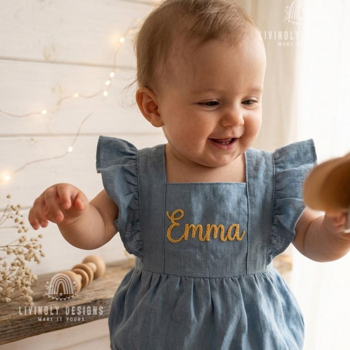 Personalized Embroidered Baby Bodysuit Romper : Cotton Flutter Sleeve Suspender Outfit