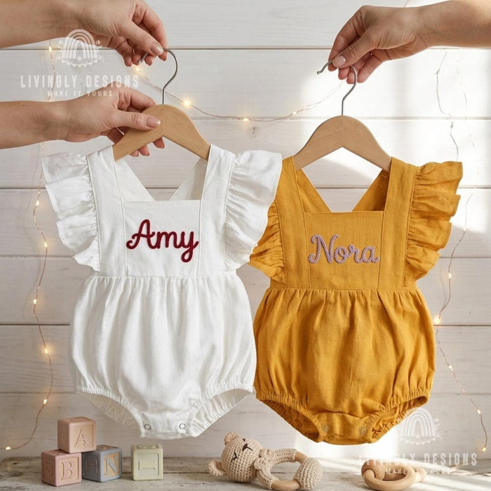 Personalized Embroidered Baby Bodysuit Romper : Cotton Flutter Sleeve Suspender Outfit