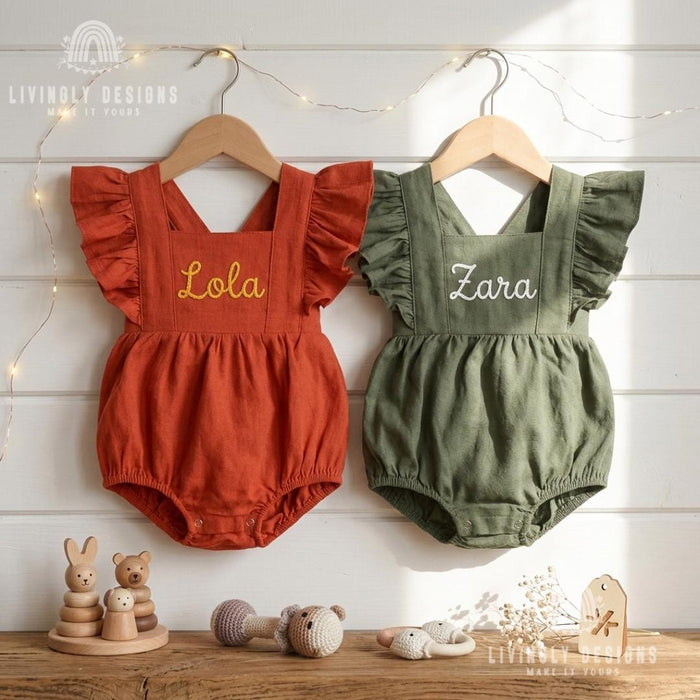 Personalized Embroidered Baby Bodysuit Romper : Cotton Flutter Sleeve Suspender Outfit