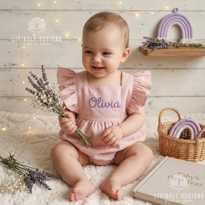 Personalized Embroidered Baby Bodysuit Romper : Cotton Flutter Sleeve Suspender Outfit